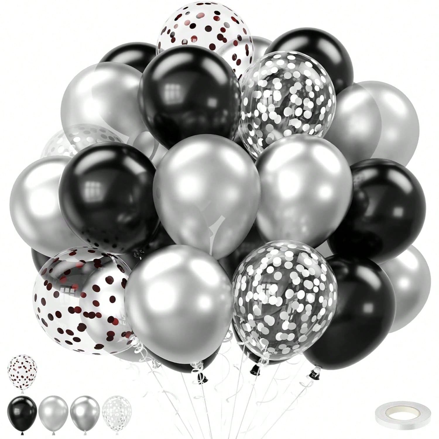 35pcs Black And Silver Grey 10-Inch Metallic Silver Black And Foil Sequin Balloons Set, Graduation And Birthday Party Decorations, Gift Party And Party Decor, Elegant Balloon Decoration - Style a - View 1