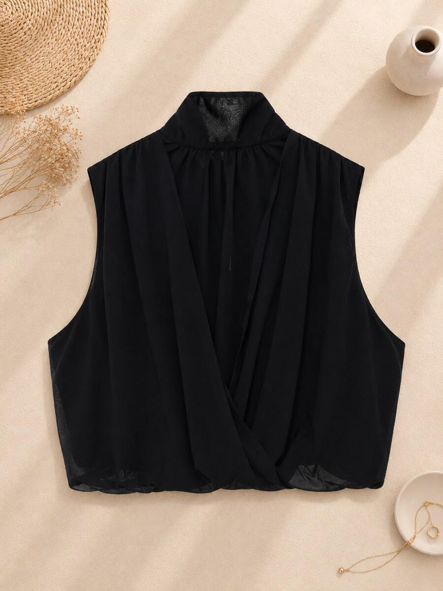 Solid Color Turtleneck Sleeveless Pleated Blouse, Spring/Summer Black - Black - View 1