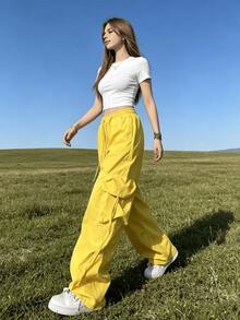 Elastic Waist Wide Leg Cargo Pants, Women's Casual Loose Trousers With Drawstring, Lightweight For Street & Outdoor - Yellow - View 3