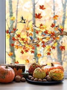 Autumn Maple Leaf Window Decal – Double-Sided Thanksgiving Branch With Bird And Nest, Removable Autumn Glass Door Sticker, Suitable For Home Bedroom Living Room Farmhouse Style Decor - Multicolor - View 1