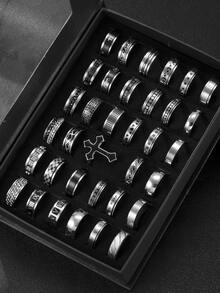 5/10/20pcs Anillos de acero inoxidable de moda con relieve romano, juego de anillos mate unisex, adecuado para uso diario, decoración de vacaciones, estilo aleatorio - Negro - Ver 2