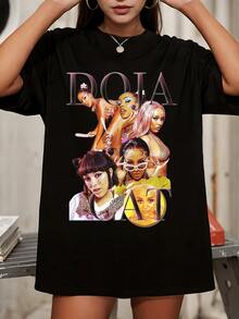DojaS CatS Bootleg Style Graphic T-Shirt, Rapper Crew Neck Tee, Casual Black Short Sleeve Top For Fans - Black - View 1