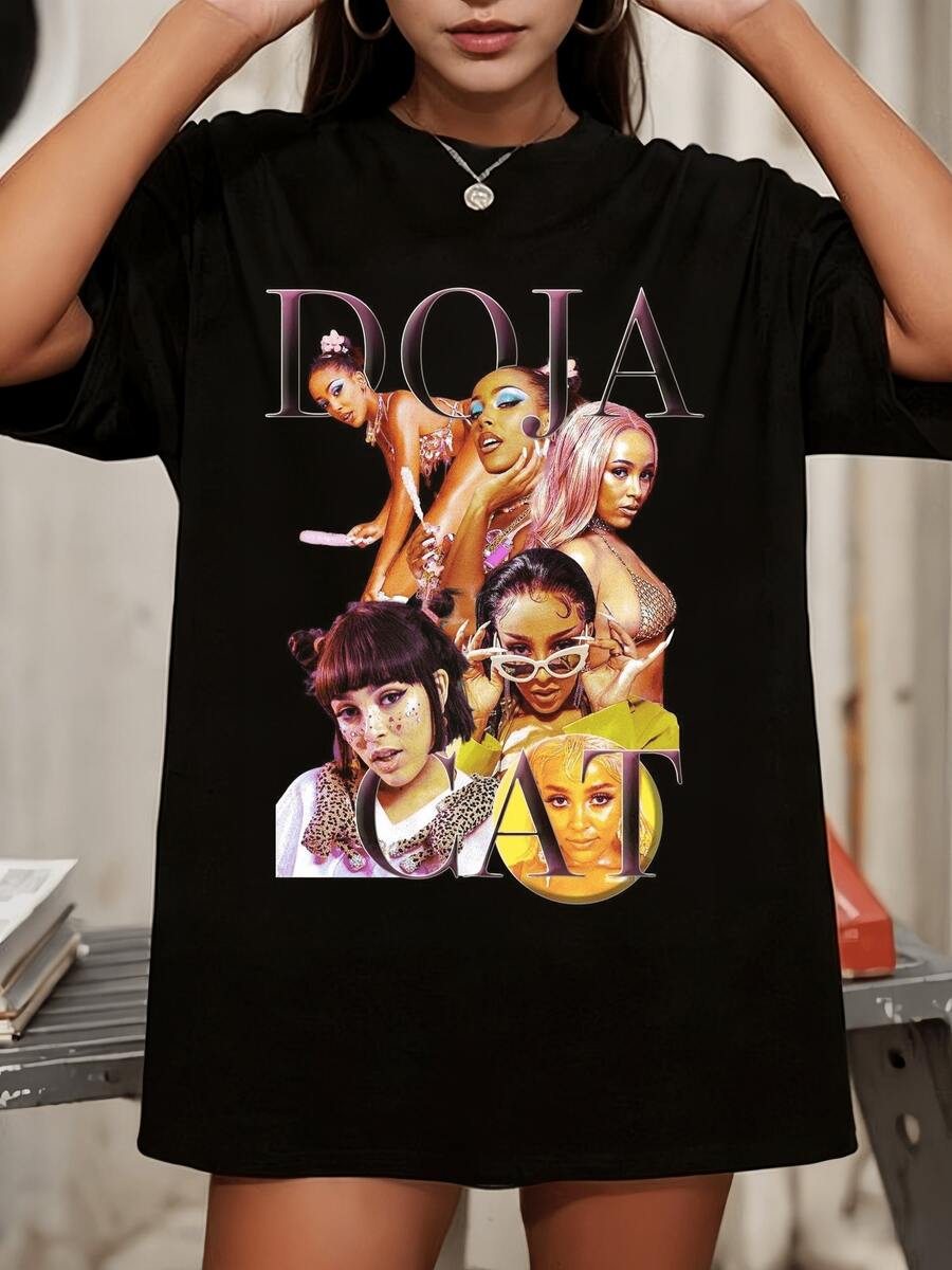 DojaS CatS Bootleg Style Graphic T-Shirt, Rapper Crew Neck Tee, Casual Black Short Sleeve Top For Fans - Black - View 1
