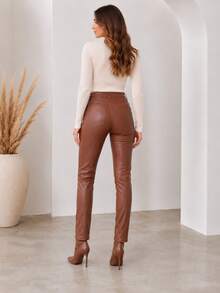 Women's Resin-Coated Leather-Effect Skinny Pants With A High Waist, High Elasticity, A Design That Enhances The Buttocks And Curves, Casual And Elegant For Autumn/Winter. - 棕色 - 查看 4
