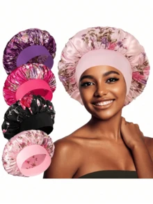 4 piezas Turbante de satén de unicolor con ala ancha, hecho de satén suave y tela de algodón elástico, estilo minimalista versátil, viene con banda elástica de unicolor, anti-frizz y transpirable, adecuado para dormir, SPA y Ramadán, múltiples colores disponibles - Multicolor - Ver 6