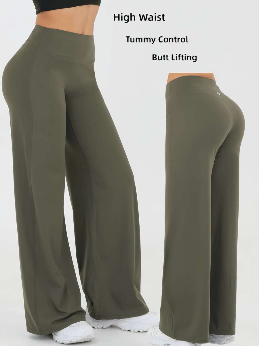 Women's Spring And Summer High Waisted Sports And Leisure Yoga Outdoor Wide Leg Pants, High Waisted Design, Loose Hanging, Daily Slimming, Versatile Solid Color, Suitable For Outdoor Sports, Fitness Yoga, Commuting, And Street Wear - 橄欖綠 - 查看 1