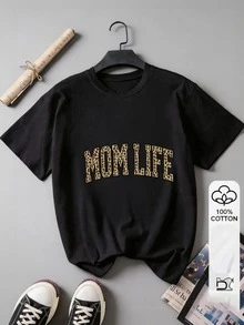 Leopard Print Mom Life Text, Women'S T-Shirt, Casual Wear, Spring Summer, Gift For Moms. - 黑色 - 查看 2