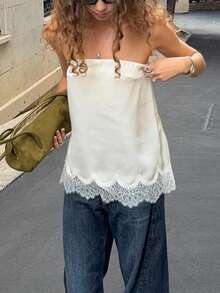 Contrast Lace Strapless Crop Top For Night Out - White - View 1