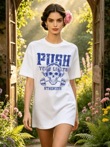 Camiseta de manga corta con cuello redondo suave y casual para mujer, estampado gráfico de calaveras y mancuernas azules para primavera y verano. - Blanco - Ver 4