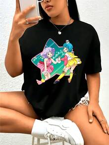 Minimalist.100% Cotton.1paPlus Size, Plus Size Women's T-Shirt With Anime Manga Graphics - Nice Chibi Characters And Japanese Text Print, Oversized Casual Short-Sleeved T-Shirt With Round Neckline, Soft And Breathable Fabric For Spring, Summer, Fall, Casual Clothing For Conventionsanime.Top Spring Summer - 黑色 - 查看 1
