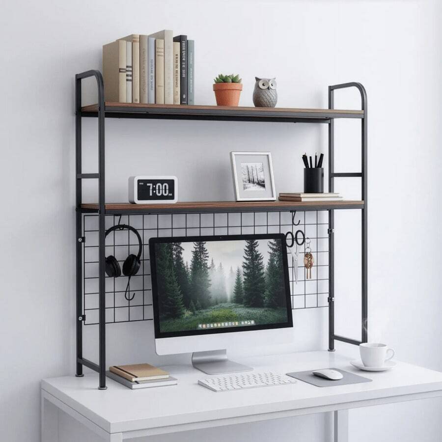 Space-Saving Desk Hutch Bookshelf - 2-Tier Computer Desktop Organizer With Sturdy Metal Frame, Perfect For Monitor, Books, And Office Essentials - Default - View 1