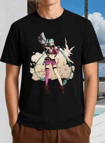 Black Unisex T-Shirt With Jinx Rocket Launcher Pose - LOL Action Character Shirt - Black - View 10