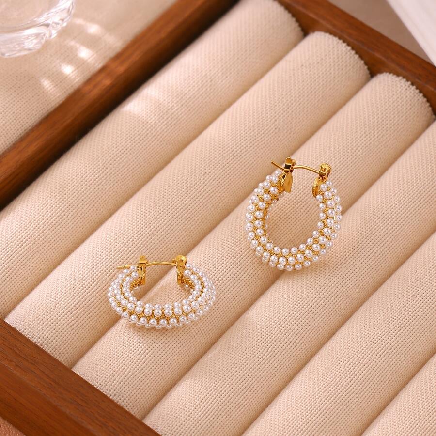 2pcs/Set Minimalist Niche Luxury Hoop Earrings, 18K Gold Plated Stainless Steel With Pearl Inlay, Suitable For Daily Wear, Party, Wedding, Date - Multicolor - View 1