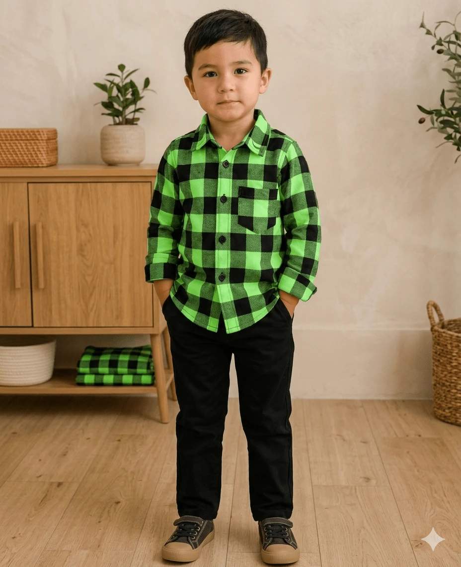 Long-Sleeved Flannel Plaid Shirt - Cuadros verdes - Ver 1