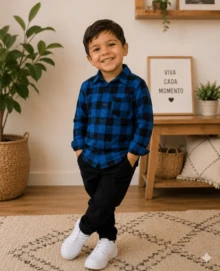 Long-Sleeved Flannel Plaid Shirt - Cuadros azules - Ver 2