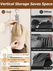 1pc Door Hanging Hat Rack - 8 Rotating Clip-On Hat Storage Bags, Foldable Hanging Storage Can Hold 8 Hats, Space-Saving, Suitable For Baseball Caps, Beanies, Swim Caps, Suitable For Wardrobe, Bedroom, Door (Grey And Black) - Multicolor - View 4