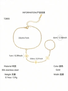 TONSI 1件装奢华法式优雅简约小众18K镀金不锈钢幸运花连指戒指手链，低过敏性百搭四叶花手链，适合女性日常、节日、派对佩戴 - 金色 - 查看 6