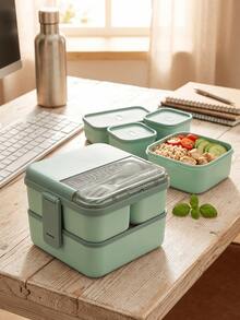 4pcs/1 pieza Caja Bento Estilo Macaron Minimalista de unicolor (Opcional Juego de 4pcs o Paquete Individual) - Hecha de Material PP, Incluye Juego de Tenedor y Cuchara Integrados, Apta para Microondas, Refrigerador, Congelador y Lavavajillas - Multicolor - Ver 4