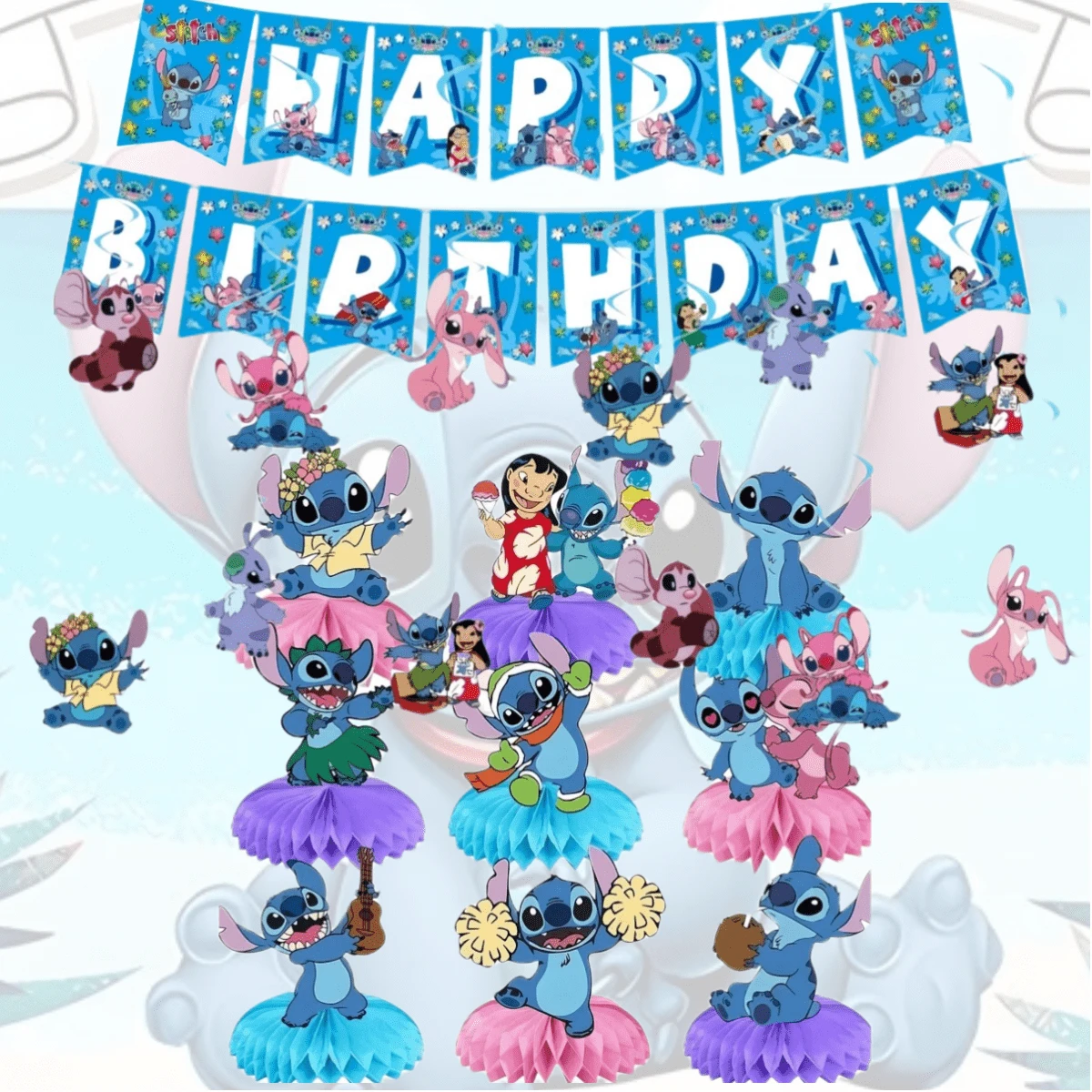 Stitch Themed Birthday Party Tabletop Centerpiece Decor, Home Party Atmosphere Wall Hanging Decoration - Multicolor - View 1