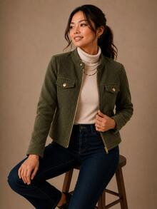 Women's Corduroy Jacket With Zipper - Elegant And Warm - Modern - Winter - Velvet - Zipper - Holiday - School - Vacation - Daily - Office - 軍綠色 - 查看 8