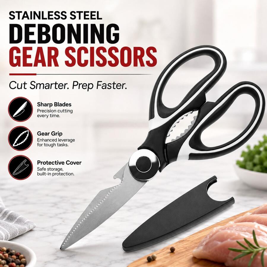 Tijeras multifuncionales de cocina para el hogar, gruesas, con cubierta protectora de acero inoxidable. Tijeras para huesos de pollo que pueden cortar pollo, pato, pescado, huesos y carne de mariscos, barbacoa casera y alimentos complementarios. - Blanco y Negro - Ver 1