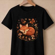 Playera para mujer con estampado de zorro y hojas de otoño, camiseta femenina manga corta cuello redondo, blusa casual para dama, ropa cómoda para entretiempo y uso diario, playera gráfica juvenil, top con diseño de bosque, camiseta bonita para outfit con jeans leggings o falda, blusa para paseo escuela oficina y casa, regalo para mujer amante de animales, tallas varias, diseño cálido - Negro - Ver 4