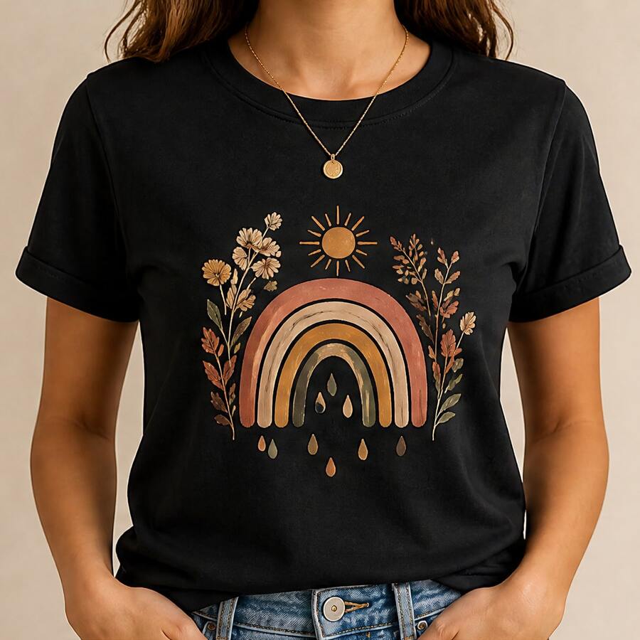 Playera para mujer con estampado de arcoíris bohemio, camiseta femenina manga corta cuello redondo, blusa casual para dama, ropa cómoda de verano, playera gráfica juvenil, top con flores hojas y sol, camiseta para outfit relajado con jeans pantalón o falda, blusa bonita para vacaciones playa y paseo, regalo para mujer, tallas chicas medianas grandes, diseño suave en colores cálidos - Negro - Ver 1