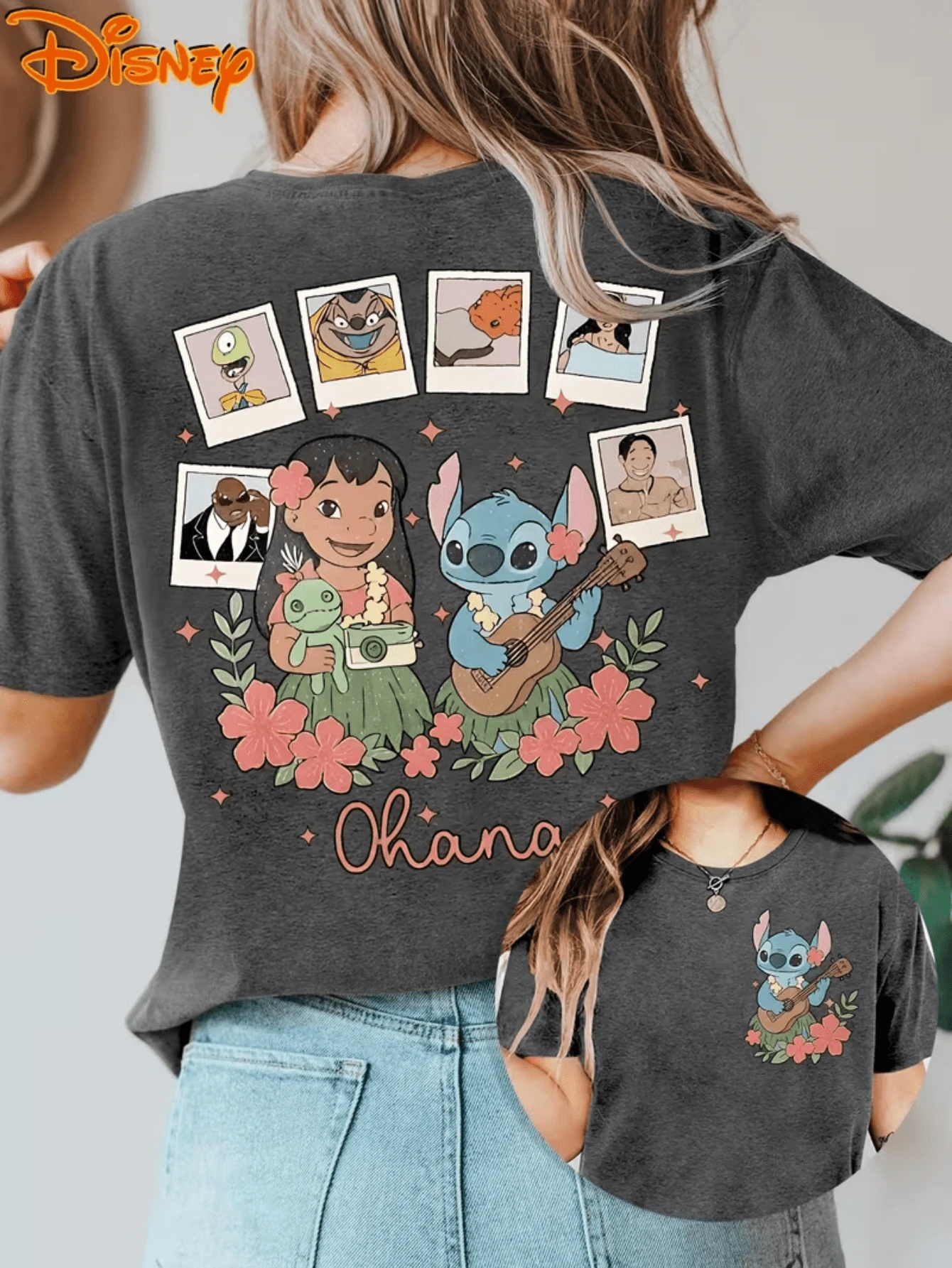 Disney Lilo & Stitch Ohana Polaroid1 Cotton Blend Graphic Tee, Oversized Hawaiian Casual Crewneck T-Shirt - 灰色 - 查看 1