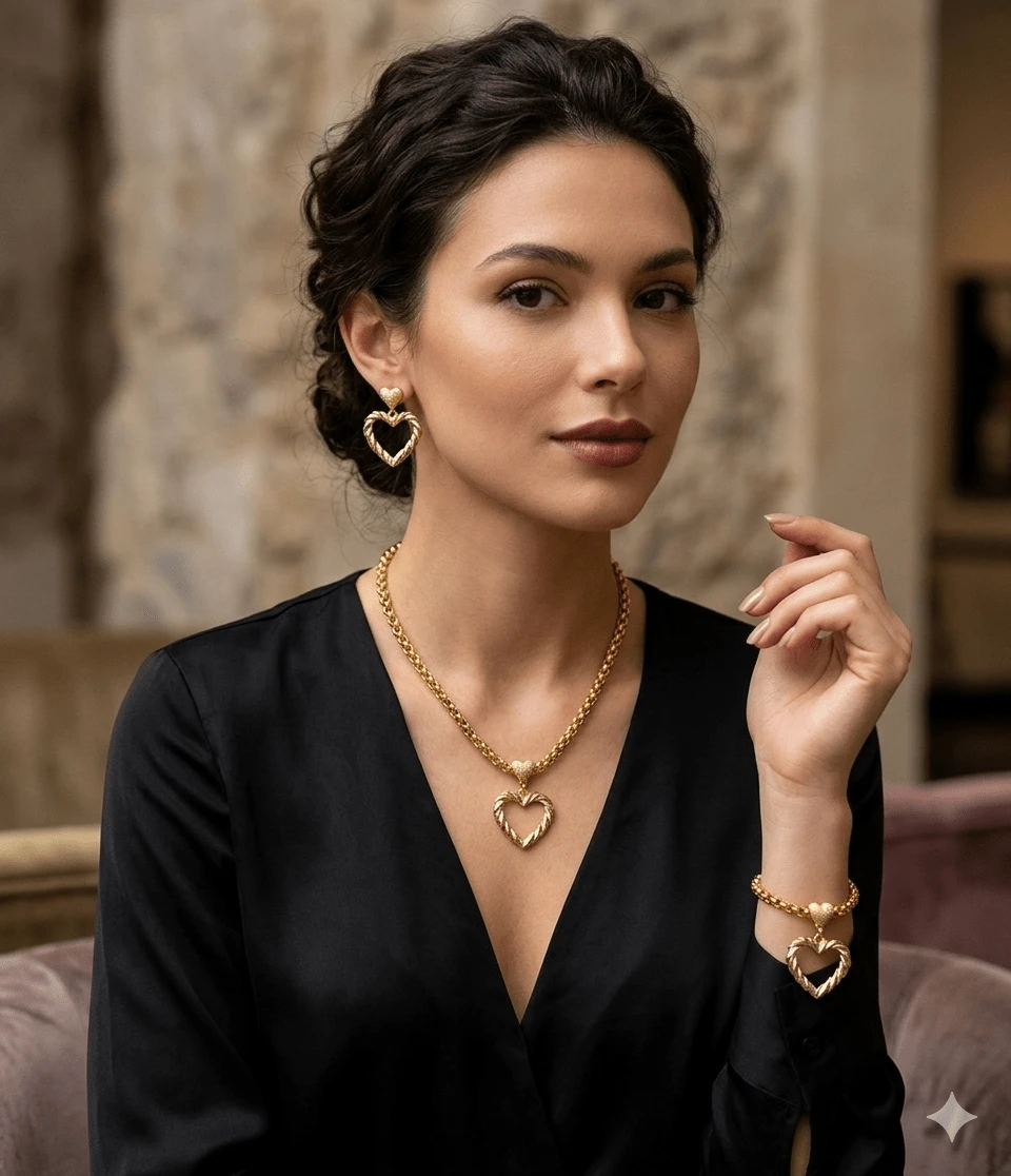Conjunto Feminino – Colar Corrente Dourado Folheado e Brinco e Pulseira Elegante - coração dourado 2 - Visão 1