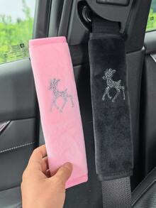 閃亮汽車安全帶套女款女孩用,柔軟天鵝絨水鑽鹿圖案安全帶肩墊,通用款舒適安全帶緩衝保護墊,可愛汽車內飾配件裝飾(黑 & 粉) - 燙鑽鹿 - 查看 2