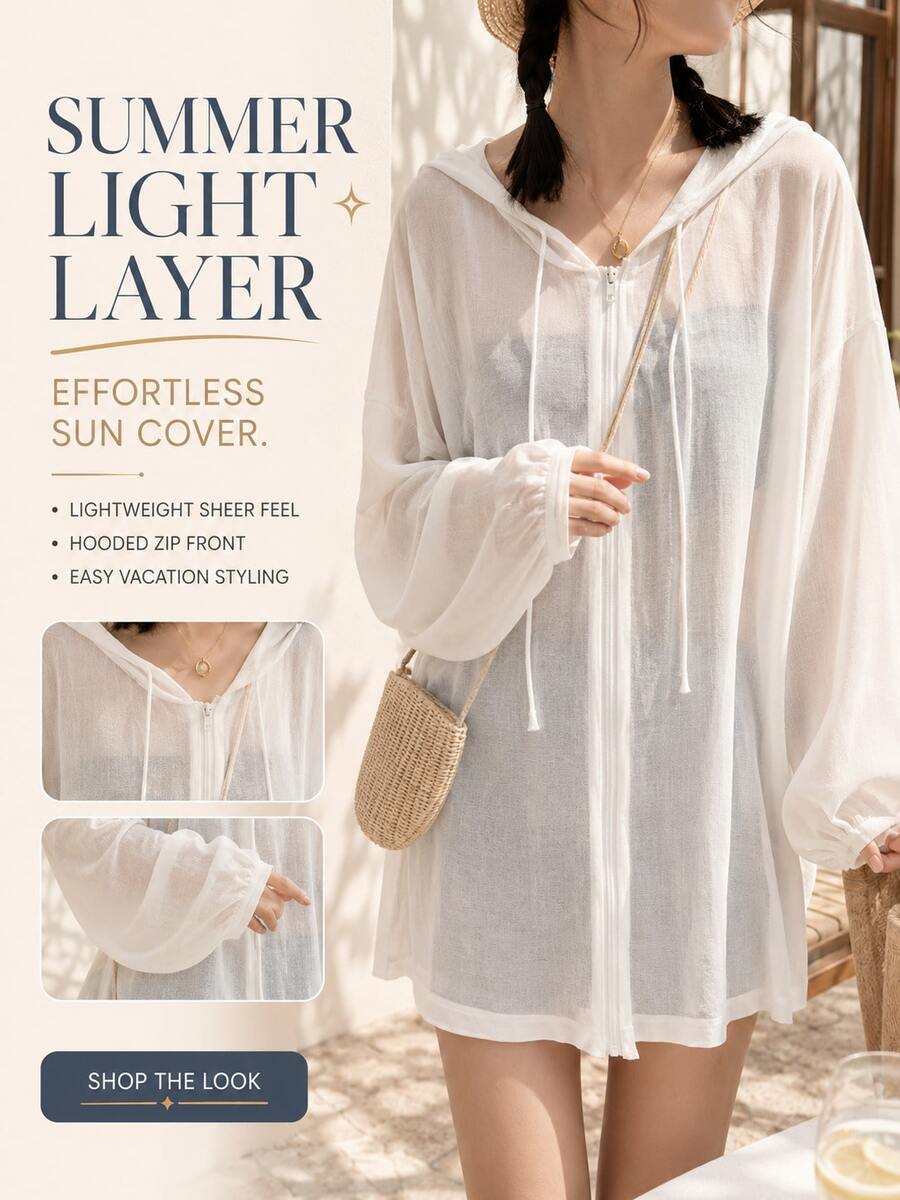 Lightweight Sheer Hooded Zip Front Cover-Up For Women Effortless Summer Sun Protection Or Vacation Styling - White - View 1