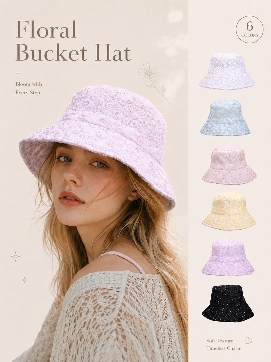 1pc Women's Floral Bucket Hat, Lightweight Breathable Wide Brim Sun Hat, Cute Macaron Color Lace Pattern, Summer Casual Style, Suitable For Travel And Beach - A - View 1