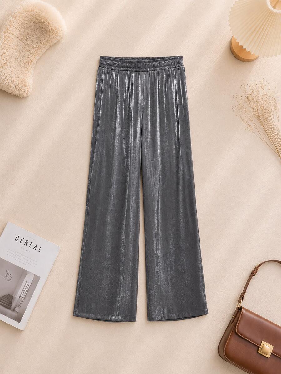 Enfärgat Metallic Byxor med Vida Ben - Silver - Visa 1