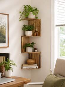 1 pieza Estantería de pared de esquina de madera, estantería flotante de almacenamiento, organizador de pared estilo rústico, adecuado para exhibir plantas, decoración, libros, excelente para la sala de estar, el dormitorio, se adapta a la decoración bohemia - Multicolor - Ver 4