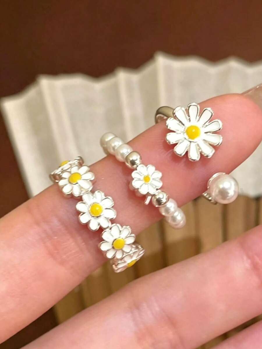 Bộ 3 chiếc nhẫn ngón trỏ hoa cúc ngọc trai phong cách đơn giản ngọt ngào, thiết kế tinh xảo độc đáo, nhẫn xếp chồng, quà tặng ngày lễ cho gia đình và bạn bè - trắng - Xem 1