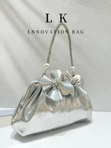 1pc Women's Silver Metallic PU Leather Shoulder Bag, Elegant Pleated Handbag With Floral And Pearl Decoration, Suitable For Weddings, Parties And Balls - Multicolor - View 2