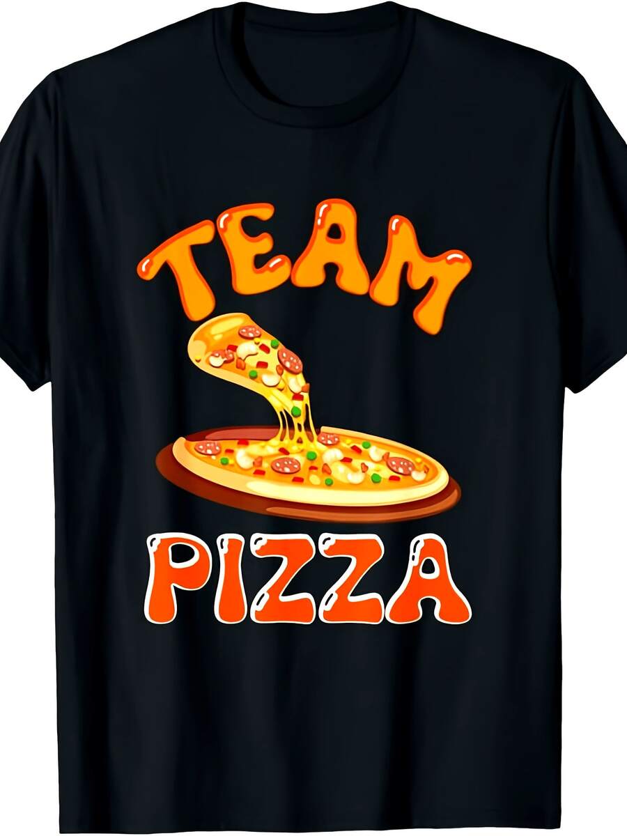 Camiseta Unisex de Manga Corta para Verano 2025, Estampada con Diseño de Pizza para Amantes de la Pizza,, para Niños y Bebés, Color Sólido, 220G - Negro - Ver 1