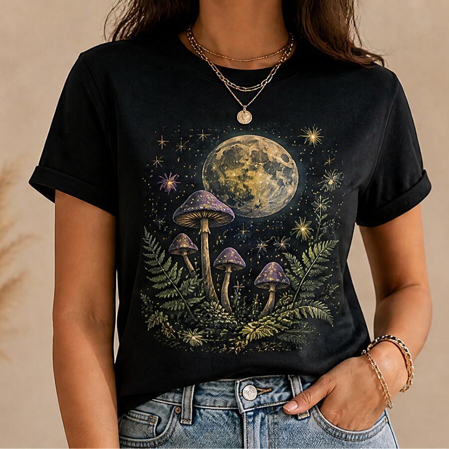 Playera para mujer con estampado de luna y hongos, camiseta femenina manga corta cuello redondo, blusa casual para dama, ropa cómoda estilo natural, playera gráfica juvenil con estrellas y plantas, top femenino para outfit relajado, camiseta bonita para uso diario, blusa para jeans leggings falda, regalo original para mujer, tallas chica mediana grande, diseño místico de bosque nocturno - Negro - Ver 1