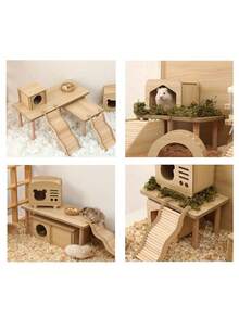 1/2pcs 2-Tier Climbing Platform Landscape Decor Hamster Hideout Quail Digging House Solid Wood Desktop Pet Toy Natural Wood Color Suitable For Hamster, Gerbil, Mouse, Rat Animal Cage Accessory Wooden Platform Playground - A - View 5
