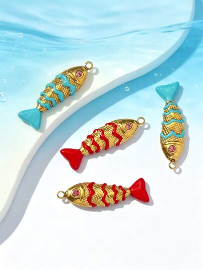 復古琺瑯魚形吊飾，金色海洋主題吊墜，俏皮夏季珠寶配件，適用於DIY美人魚與海灘手工項目