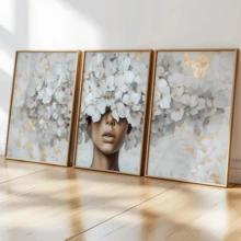 3pcs/Set Vintage Canvas Wall Art, Elegant Lady Wearing Floral Crown, White Flowers Accented With Gold Foil, Vertical, Rustic Style, Available With Or Without Frame, Suitable For Room Decor, Home Decor, Dorm, College Apartment, Also An Ideal Gift For Hotel, Home, Living Room, Bedroom, Bathroom And Office Wall Decoration - Multicolor - View 1