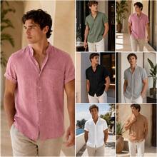 Mens Linen Button Up Shirt Casual Short Sleeve Collared Cardigan Breathable Solid Color Linen Summer Beach Vacation Relaxed Fit Lightweight Mens Resort Wear - Army Green - View 2