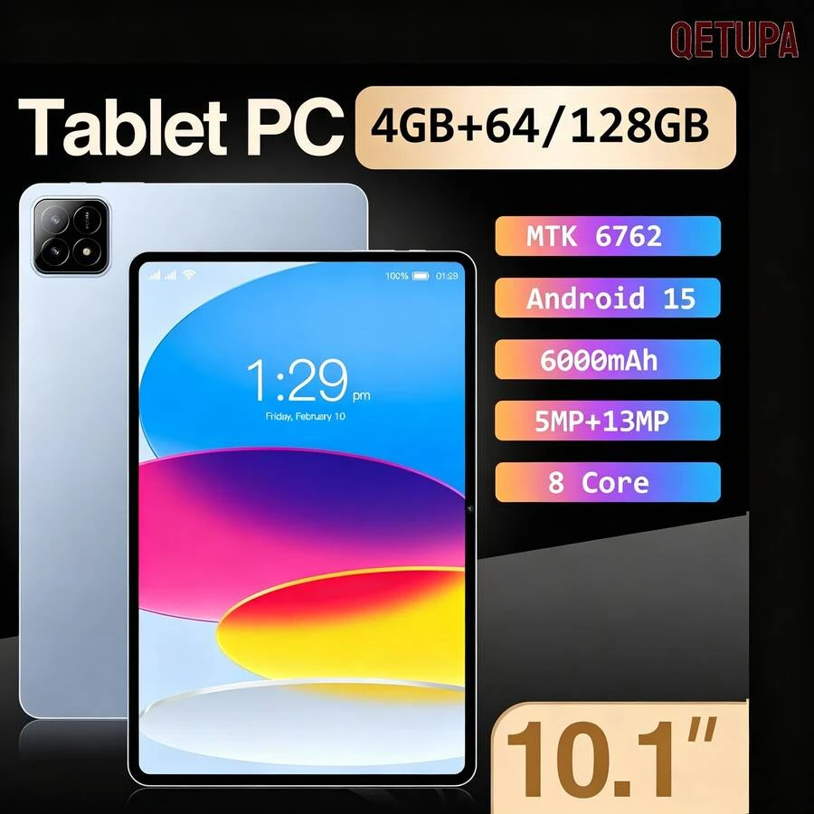 Qetupa 10.1英寸平板电脑,4GB+64/128GB,8GB+256GB,Android 15系统,MTK6762八核2.0GHz处理器,高清(1280x800)触摸屏,5MP+13MP双摄像头,6000mAh电池,支持512GB扩展,无SIM卡槽,适合作为礼物(不含适配器) - 藍色 - 查看 1