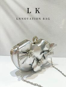 1pc Women's Silver Metallic PU Leather Shoulder Bag, Elegant Pleated Handbag With Floral And Pearl Decoration, Suitable For Weddings, Parties And Balls - Multicolor - View 9