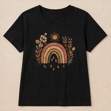 Playera para mujer con estampado de arcoíris bohemio, camiseta femenina manga corta cuello redondo, blusa casual para dama, ropa cómoda de verano, playera gráfica juvenil, top con flores hojas y sol, camiseta para outfit relajado con jeans pantalón o falda, blusa bonita para vacaciones playa y paseo, regalo para mujer, tallas chicas medianas grandes, diseño suave en colores cálidos - Negro - Ver 4