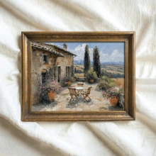 1幅复古托斯卡纳山坡露台油画风格印刷品 - 乡村风景墙饰，美丽的乡村风景海报，高品质印刷，可选择带框或不带框，房间装饰，家居装饰，大学宿舍公寓装饰，酒店，家庭，客厅，卧室，浴室和办公室墙面装饰礼品 - 彩色 - 查看 2