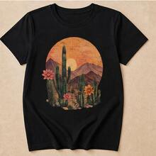 Playera para mujer estampada cactus desierto western, camiseta de dama manga corta cuello redondo, blusa casual femenina estilo vaquero mexicano, moda 2026, top juvenil aesthetic para outfit diario, ropa de mujer primavera verano, playera gráfica retro para regalo, look casual, rodeo, vacaciones, streetwear, camiseta bonita cómoda moderna - Negro - Ver 4
