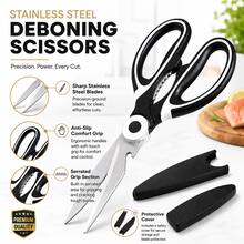 Tijeras multifuncionales de cocina para el hogar, gruesas, con cubierta protectora de acero inoxidable. Tijeras para huesos de pollo que pueden cortar pollo, pato, pescado, huesos y carne de mariscos, barbacoa casera y alimentos complementarios. - Blanco y Negro - Ver 9