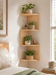 1pc Wooden Corner Wall Shelf, Floating Display Rack, Rustic Style Wall Mounted Storage Shelf, Suitable For Displaying Plants, Decor, Books, Great For Living Room, Bedroom, Fits Boho Decor - Multicolor - View 5