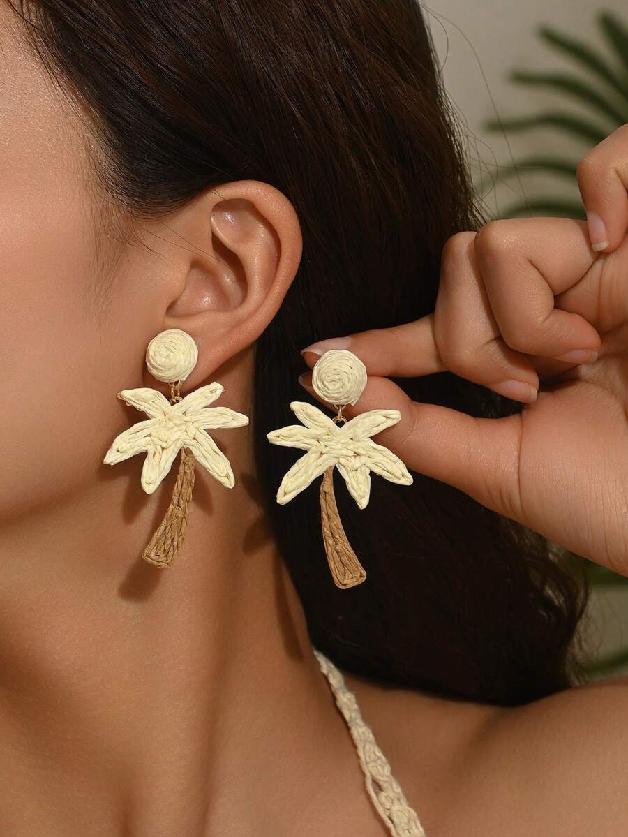 1对波西米亚风棕榈叶耳环，手工藤编椰子树耳环，适合女性日常、海滩、派对佩戴（手工制作，可能略有胶水残留，编织方式随机） - 白色 - 查看 1